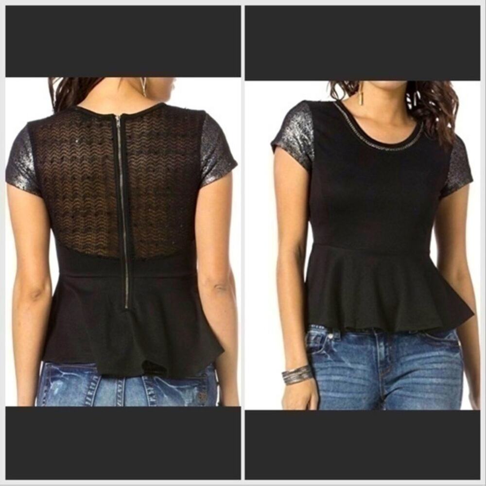 Miss Me lace back peplum top. Black. Small sequin short sleeve.